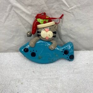 Christmas Cat on Blue Fish Ornament Grey Tabby Santa Hat Jingle Bell Whimsical